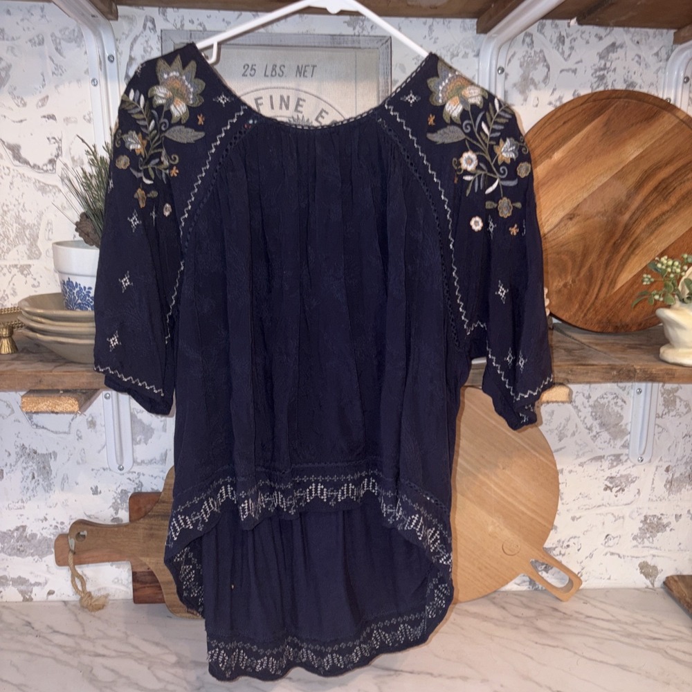 Women's Navy Blue Embroidered Pullover Bohemian Yogi Tunic Festival M